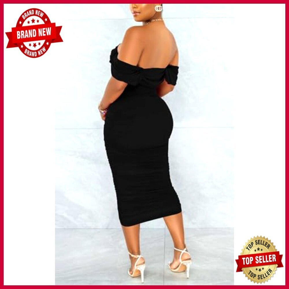 Off Shoulder Bodycon Ruched Midi Dress Elegant Cocktail Evening Party Wear - Picture 5 of 7